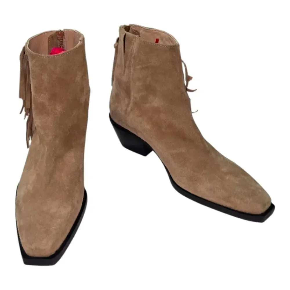 ALLSAINTS Layla Suede Fringe Bootie Cognac Sand BLOCK WESTERN‎ Boots 38 US 8